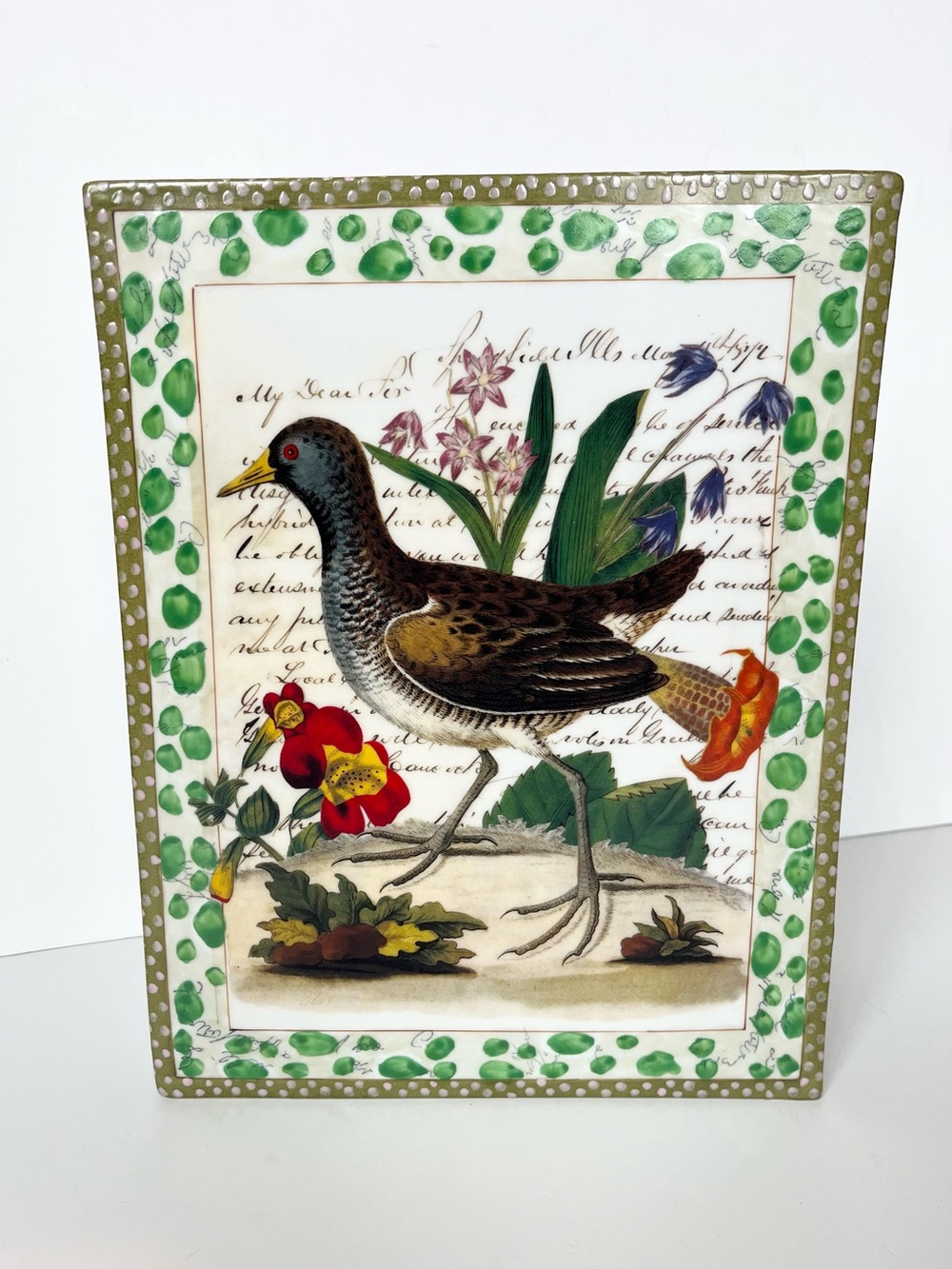 John Derian Large Rectangular Vase with Birds and Flowers